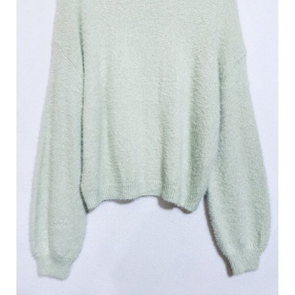 Nasty Gal Sweater Womens Large Puff Sleeve Fuzzy Crew Neck Pullover Boho Green - Picture 2 of 8